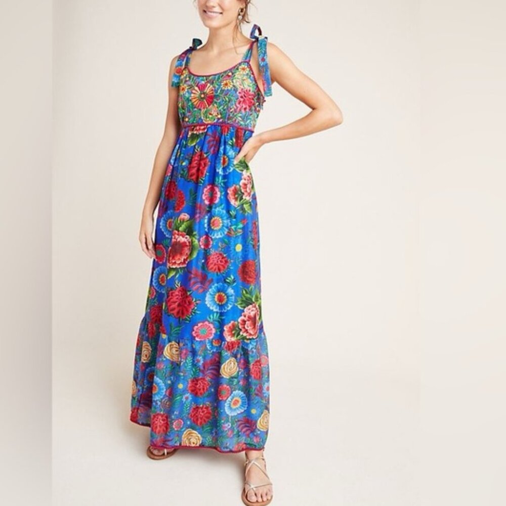 ANTHROPOLOGIE Payal Jain Floral Embroidered Cirque Maxi Dress Silk Blue